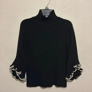 Milly 100% Merino Wool Black V-Neck Ruffle 3/4 Sleeve Sweater
